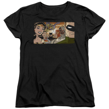 Black women's t-shirt with Justice League Cinematic League graphic