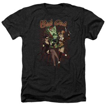 Charcoal men's heather t-shirt with DC Comics Justice League Bad Girls graphic