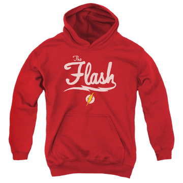 Red youth hoodie for ages 8 to 12 with The Flash Old School Flash graphic