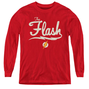Red youth long sleeve t-shirt with The Flash Old School Flash graphic