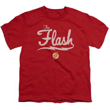 Red youth t-shirt for ages 8 to 12 with The Flash Old School Flash graphic