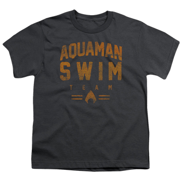 Charcoal youth t-shirt for ages 8 to 12 with Aquaman Swin Team graphic
