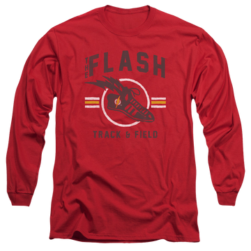 Red men's long sleeve t-shirt with The Flash Track And Field graphic