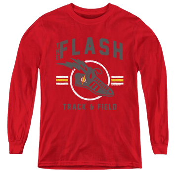 Red youth long sleeve t-shirt with The Flash Track And Field graphic
