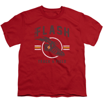 Red youth t-shirt for ages 8 to 12 with The Flash Track And Field graphic