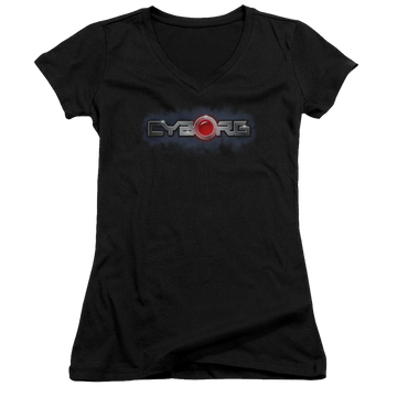Black juniors v-neck t-shirt with DC Comics Justice League Cyborg Title graphic