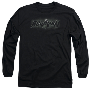 Black men's long sleeve t-shirt with Aquaman Title graphic