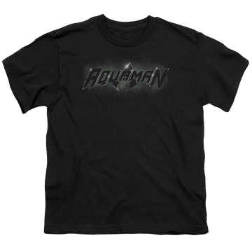 Black youth t-shirt for ages 8 to 12 with Aquaman Title graphic
