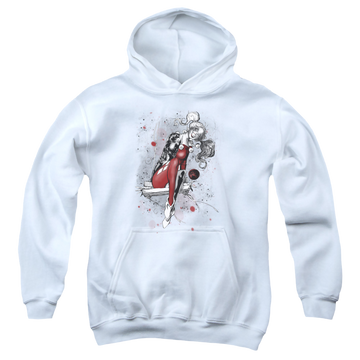 White youth hoodie for ages 8 to 12 with Harley Quinn Harley Sketch graphic