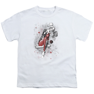 White youth t-shirt for ages 8 to 12 with Harley Quinn Harley Sketch graphic