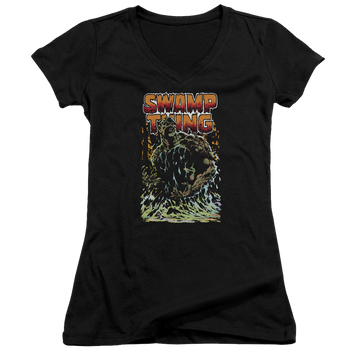 Black juniors v-neck t-shirt with DC Comics Justice League Swamp Thing graphic