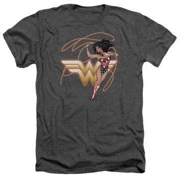 Charcoal men's heather t-shirt with Wonder Woman Justice League Glowing Lasso graphic