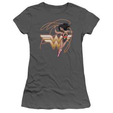 Charcoal juniors t-shirt with Wonder Woman Justice League Glowing Lasso graphic