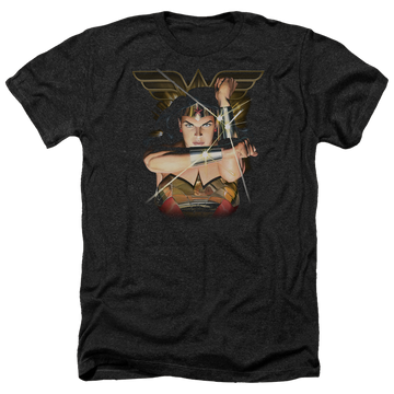 Charcoal men's heather t-shirt with Wonder Woman Justice League Deflection graphic
