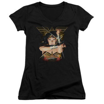 Black juniors v-neck t-shirt with Wonder Woman Justice League Deflection graphic