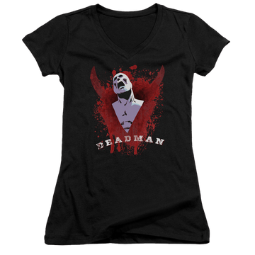 Black juniors v-neck t-shirt with DC Comics Justice League Possession graphic