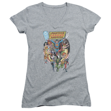 Athletic heather juniors v-neck t-shirt with Justice League Team Up graphic