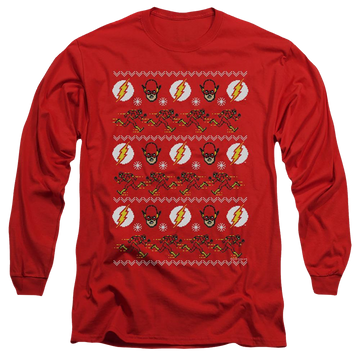 Red men's long sleeve t-shirt with The Flash Ugly Christmas Sweater graphic
