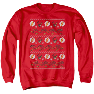 Red men's crewneck sweatshirt with The Flash Ugly Christmas Sweater graphic