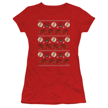 Red juniors t-shirt with The Flash Ugly Christmas Sweater graphic
