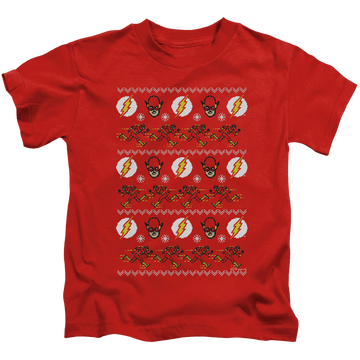 Red kid's t-shirt for ages 4 to 7 with The Flash Ugly Christmas Sweater graphic