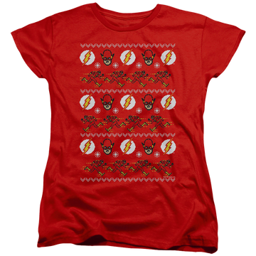 Red women's t-shirt with The Flash Ugly Christmas Sweater graphic