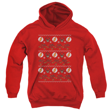 Red youth hoodie for ages 8 to 12 with The Flash Ugly Christmas Sweater graphic