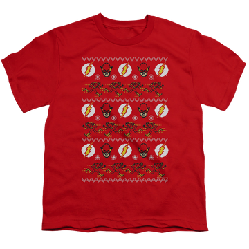Red youth t-shirt for ages 8 to 12 with The Flash Ugly Christmas Sweater graphic