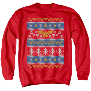 Red men's crewneck sweatshirt with Wonder Woman Christmas Sweater graphic