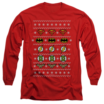 Red men's long sleeve t-shirt with Justice League Justice Shields Christmas Sweater graphic