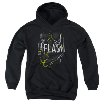Black youth hoodie for ages 8 to 12 with The Flash Bold Flash graphic