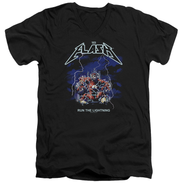 Black men's v-neck t-shirt with The Flash Run The Lightning graphic