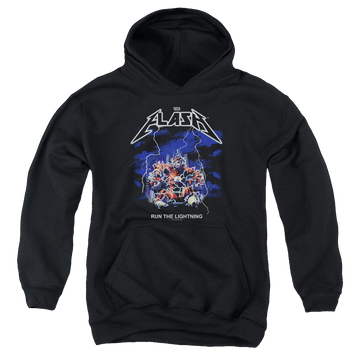 Black youth hoodie for ages 8 to 12 with The Flash Run The Lightning graphic