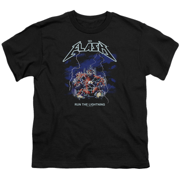 Black youth t-shirt for ages 8 to 12 with The Flash Run The Lightning graphic
