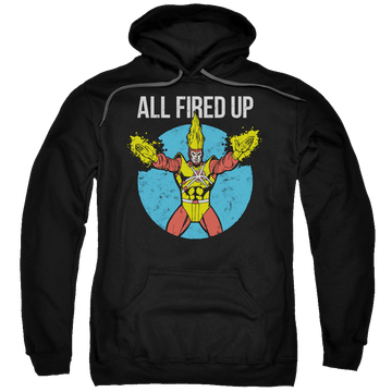 Black pullover hoodie with Firestorms Party graphic