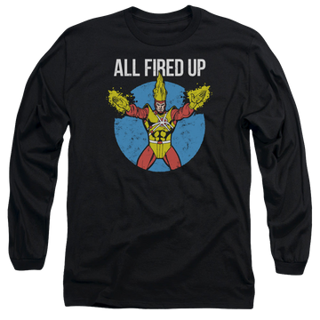 Black men's long sleeve t-shirt with Firestorms Party graphic