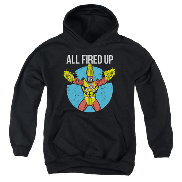Black youth hoodie for ages 8 to 12 with Firestorms Party graphic