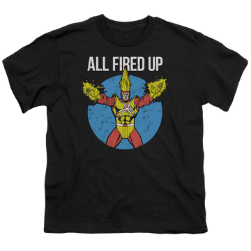 Black youth t-shirt for ages 8 to 12 with Firestorms Party graphic