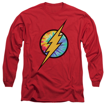 Red men's long sleeve t-shirt with The Flash Tie Dye Flash Logo graphic