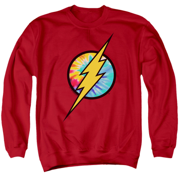 Red men's crewneck sweatshirt with The Flash Tie Dye Flash Logo graphic