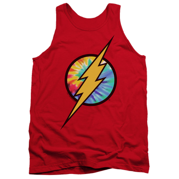 Red men's tank with The Flash Tie Dye Flash Logo graphic