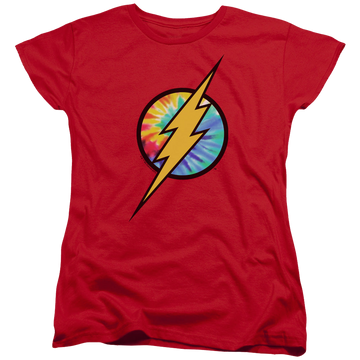 Red women's t-shirt with The Flash Tie Dye Flash Logo graphic