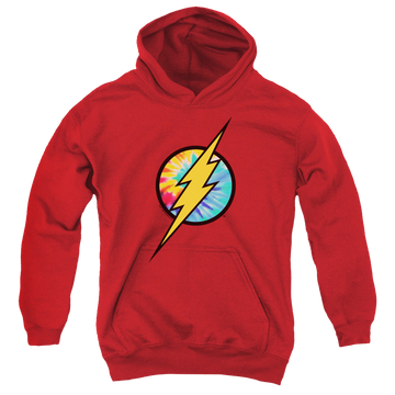 Red youth hoodie for ages 8 to 12 with The Flash Tie Dye Flash Logo graphic