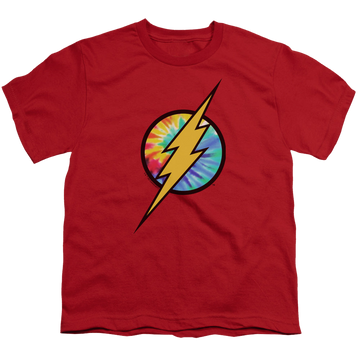 Red youth t-shirt for ages 8 to 12 with The Flash Tie Dye Flash Logo graphic