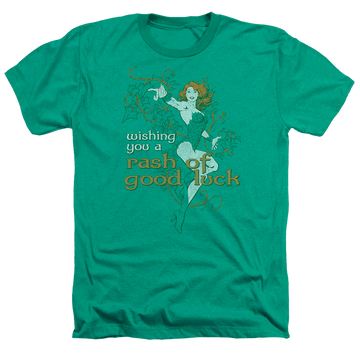 Kelly green men's heather t-shirt with DC Comics Justice League Rash Of Good Luck graphic