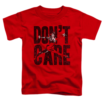 Red toddler t-shirt with Harley Quinn Don’T Care graphic