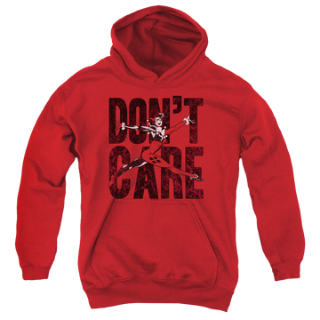 Red youth hoodie for ages 8 to 12 with Harley Quinn Don’T Care graphic