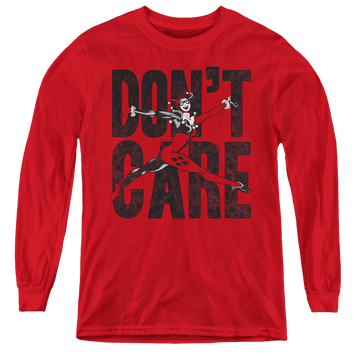 Red youth long sleeve t-shirt with Harley Quinn Don’T Care graphic