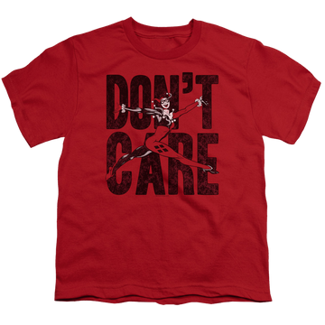 Red youth t-shirt for ages 8 to 12 with Harley Quinn Don’T Care graphic