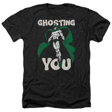 Charcoal men's heather t-shirt with DC Comics Justice League Ghosting graphic